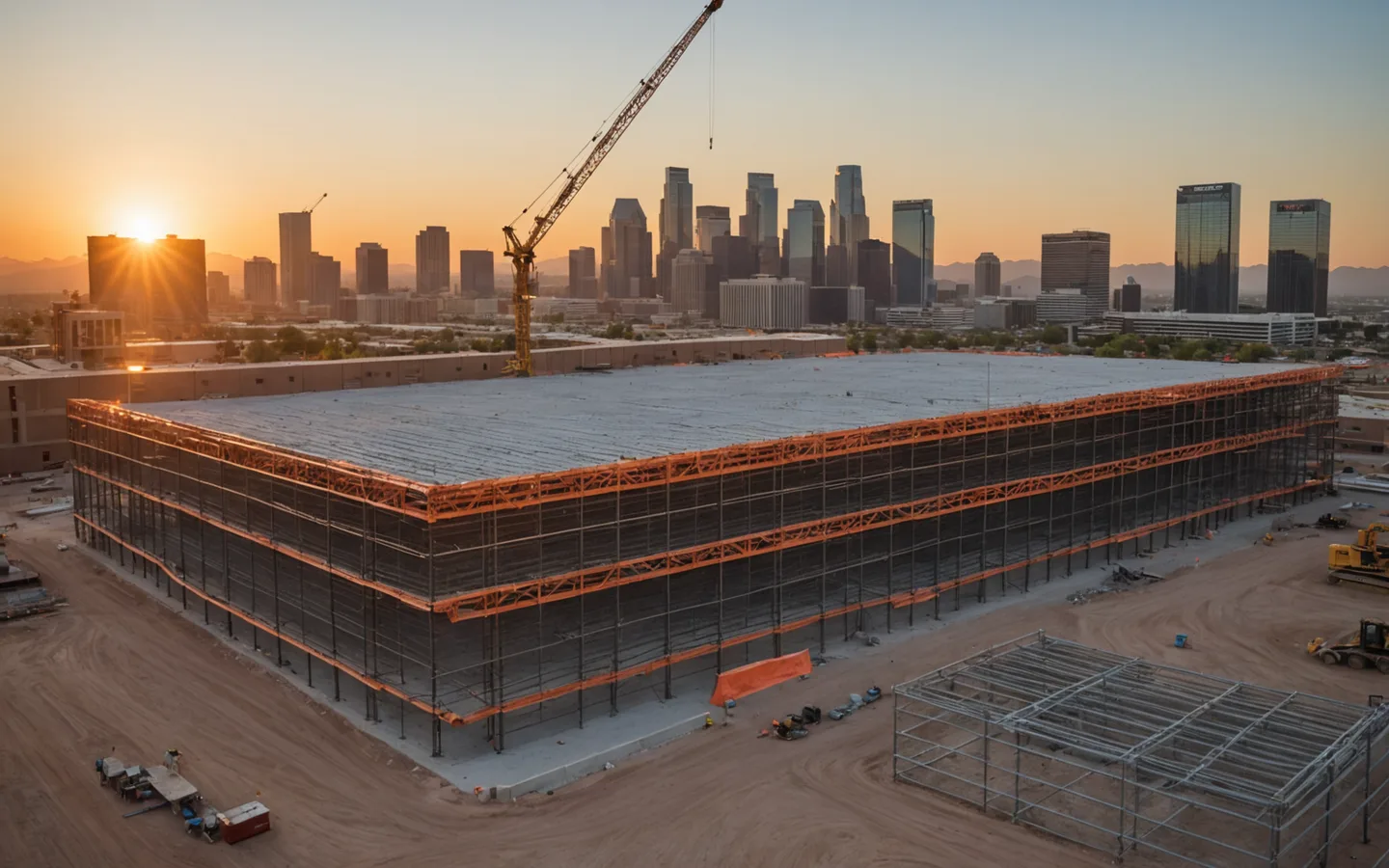Commercial construction site with steel framing at dusk, Phoenix skyline in distance