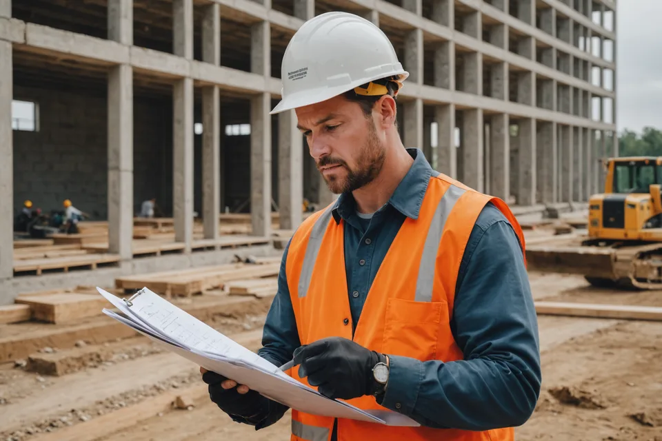Construction superintendent reviewing paper schedule and printed daily logs on job site